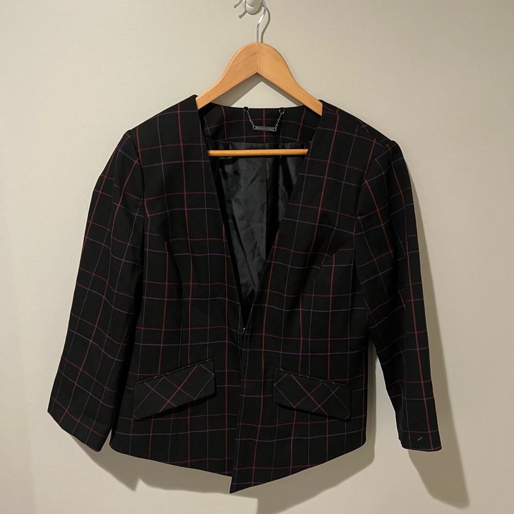 Trina Turk Black Cropped Tuxedo Blazer with Maroon Red and Royal Purple Plaid